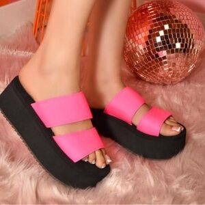 Stylish Neon Pink and Black Platform Sandals